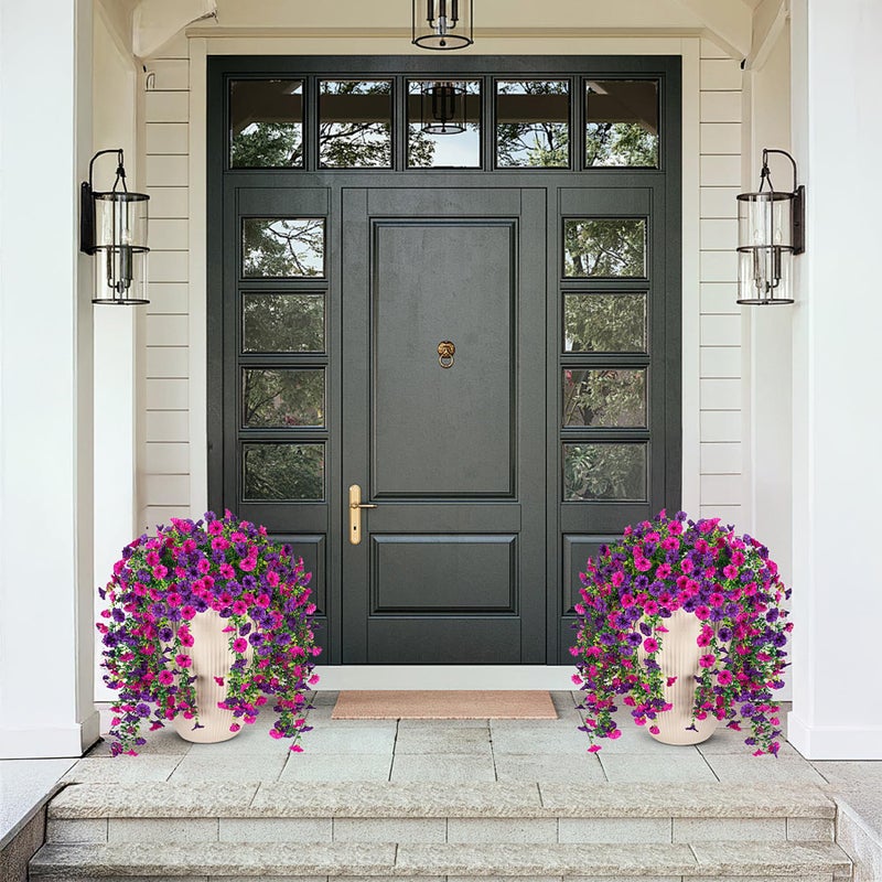 Hrobek Artificial Hanging Petunias Flowers for Outdoor, 4pcs Fake Plants Long Vine Morning Glory Eucalyptus, UV Resistant Realistic Faux Greenery Indoor Outside Patio Porch Garden Spring Summer Decor, Purple - Image 5