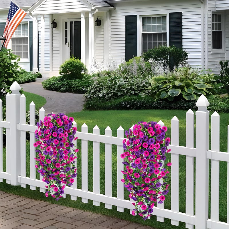 Hrobek Artificial Hanging Petunias Flowers for Outdoor, 4pcs Fake Plants Long Vine Morning Glory Eucalyptus, UV Resistant Realistic Faux Greenery Indoor Outside Patio Porch Garden Spring Summer Decor, Purple - Image 3