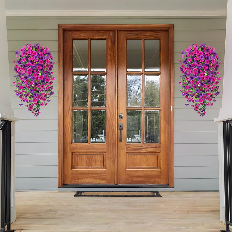 Hrobek Artificial Hanging Petunias Flowers for Outdoor, 4pcs Fake Plants Long Vine Morning Glory Eucalyptus, UV Resistant Realistic Faux Greenery Indoor Outside Patio Porch Garden Spring Summer Decor, Purple - Image 4