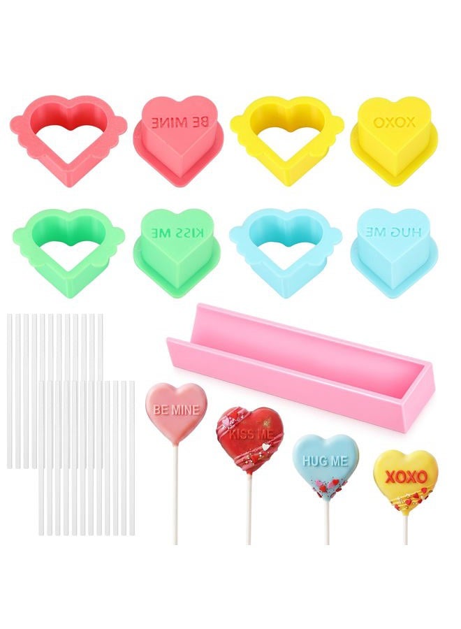 Willinglong 4 Pcs Valentine Conversation Heart Cake Pop Mold with Tray Heart Cake Pop Cutter and Pusher with Love Word Baking Mold Kit with 50 Stick for Valentine Party, Birthday, Home Desserts Making - Image 1