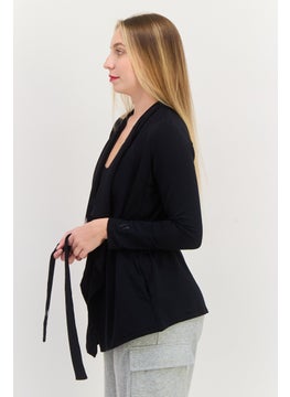 SKECHERS Women Split NeckSolid Belted Cardigan, Black  - Image 2