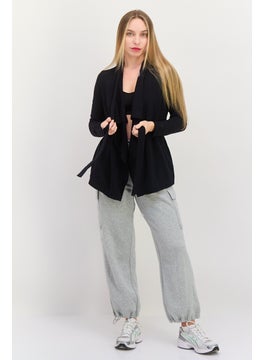 SKECHERS Women Split NeckSolid Belted Cardigan, Black  - Image 3