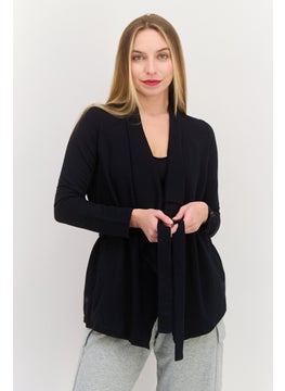 SKECHERS Women Split NeckSolid Belted Cardigan, Black  - Image 1