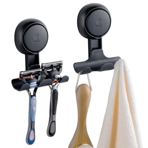 TAILI Suction Cup Razor Holder for Shower 2 Pack, Towel, Loofah, Shaver Holder for Shower Wall, Powerful Suction Cup Hooks for Inside Bathroom, Easy to Install and Reuse, Black - Image 1