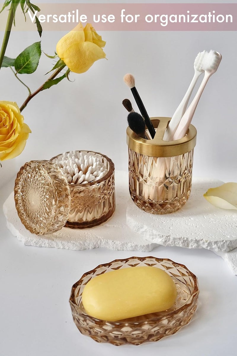 LaMarriti طقم إكسسوارات الحمام البني الكامل من ، إكسسوارات الحمام الزجاجية الشفافة، موزع صابون اليد، طبق صابون، طقم حامل فرشاة أسنان، حامل أعواد قطن، ديكور الحمام الكلاسيكي - Image 2