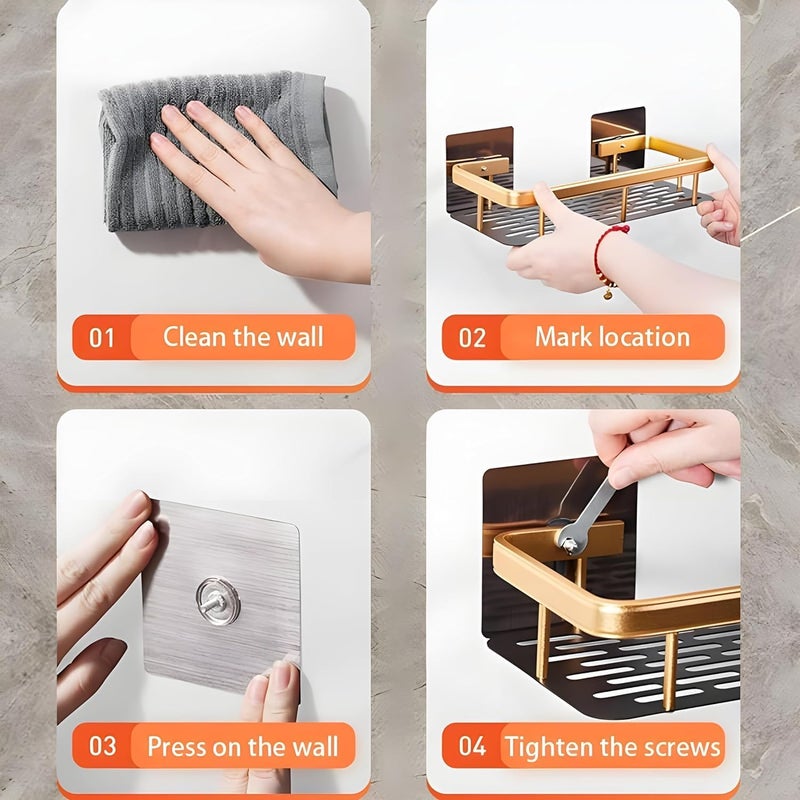 TEKCOOL رف الحمام والجدار متعدد الاستخدامات ذاتي اللصق من TEKCOOL، منظم حمام موفر للمساحة، رفوف جدارية بدون ثقب، حامل جدار (عبوة من 2، رف ذهبي) - Image 3