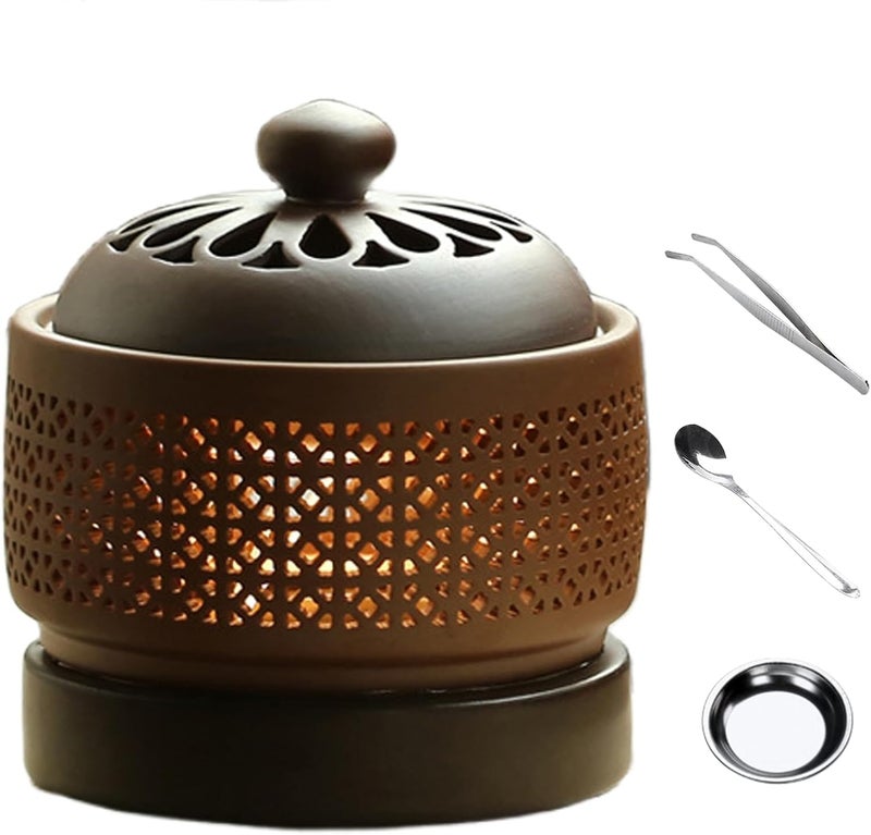 LBOYLOVE Ceramic Electric Incense Burner, Classical Incense Holder Chinese Lotus with Timer, Spoon, Plate, Tweezers for Indoor Air Purification/Home Decoration/Meditation, Yoga, SPA (A) - Image 1