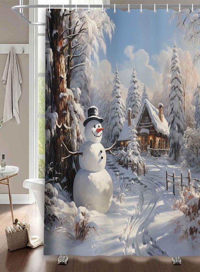 MERCHR Christmas Snowman Shower Curtain, Winter Snow Trees Rustic Farmhouse Bathroom Curtains, Durable Waterproof Fabric Bathtub Sets Home Decor 71 x 71 Inch - Image 2