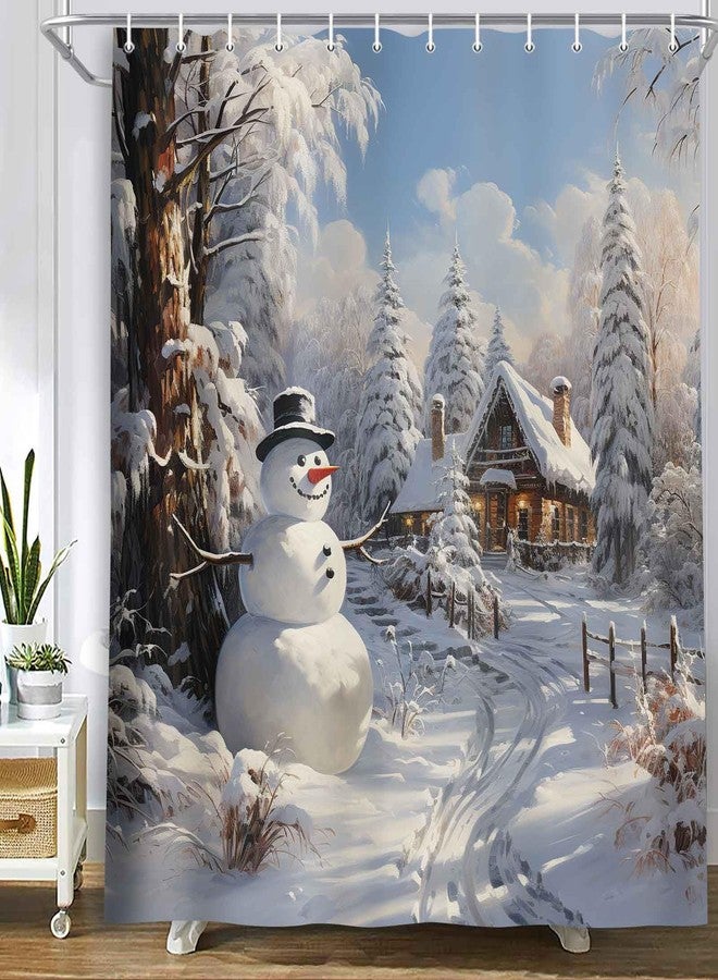 MERCHR Christmas Snowman Shower Curtain, Winter Snow Trees Rustic Farmhouse Bathroom Curtains, Durable Waterproof Fabric Bathtub Sets Home Decor 71 x 71 Inch - Image 1