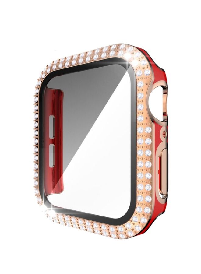 CAVIAR غطاء واقي لشاشة ساعة ذكية فاخرة مضادة للصدمات مع زجاج مقسى حساس للمس بلونين مع كريستالات لامعة مزدوجة الصفوف لساعة آبل سيريس 8 7 44 مم أحمر / وردي ذهبي - Image 2