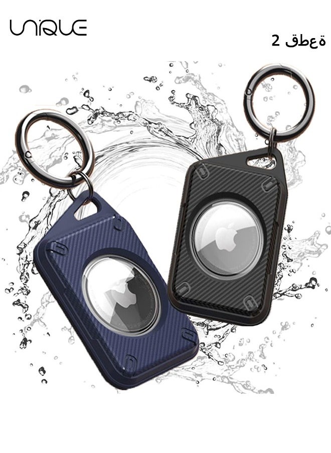 Unique 2Pcs Airtag Holder Waterproof Air Tag Case Keychain Protective Cover for Apple Airtags Key Chain with Loop Ring(Black + Blue)  - Image 1