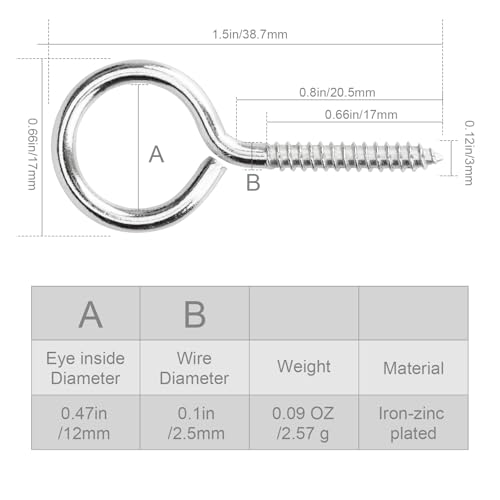 Aovchei Eye Screws, 100PCS 1.5 Inches Heavy Duty Metal Screw Hooks, Self Tapping Eye Bolts, Indoor & Outdoor for Hanging Artwork - Image 3