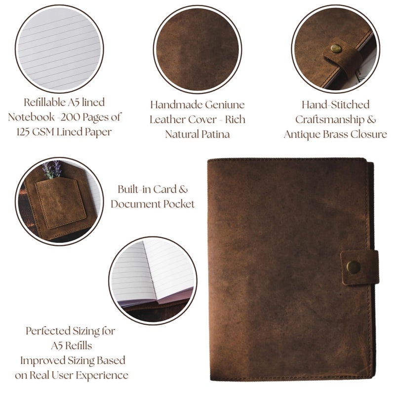 Modest Goods Refillable Leather Journal | Premium Lined A5 Notebook Cover | 200 Ruled Writing Pages | Card Holder Slot | Leather Bound Journals for Men & Women, Best Gift Travel Diary, Cool Planner - Image 2