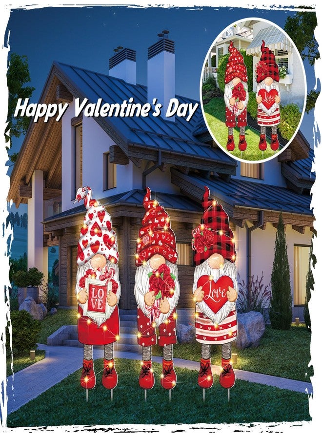 Baquler 3 Pcs Valentine's Day Yard Sign Gnome Outdoor Decorations with Stakes LED Lighted Lawn Gnomes Heart Flower Love Outdoor Sign for Valentine Party Anniversary Wedding Lawn Garden Yard - Image 5