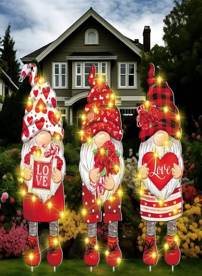 Baquler 3 Pcs Valentine's Day Yard Sign Gnome Outdoor Decorations with Stakes LED Lighted Lawn Gnomes Heart Flower Love Outdoor Sign for Valentine Party Anniversary Wedding Lawn Garden Yard - Image 1