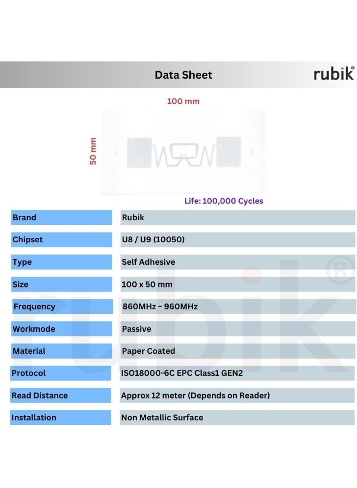 Rubik Large UHF Tags Flexible Labels U8 / U9 (10050) 860Mhz-960Mhz Self Ahdesive Coated Paper Long Range Electronic RFID Tags EPCglobal Class 1 Gen 2 ISO18000-6C Protocol (10 Label Tags) - Image 2