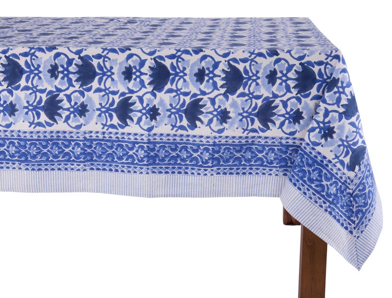 ATOSII Positano Blue 100 Cotton Rectangle Fall Tablecloth Handblock Floral Linen Table Cloth for Kitchen Dining Table I Tabletop I Parties Wedding Christmas Thanksgiving I Fall Decor 60 X 90 Inches