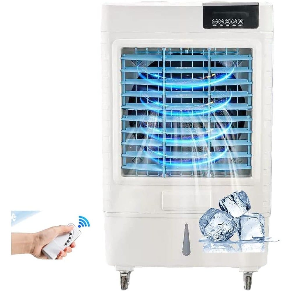 Commercial home air cooler, heavy-duty evaporative air conditioner fan, 3-in-1 cooling unit with 3 wind speeds, white metal-plastic hybrid body, cools up to 45 sqm for indoor and outdoor use