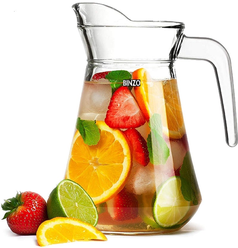 BINZO Glass Jug, Pitcher with Handle & Lid, Drinking Beverage Jug for Water, Juice, Beverages, Serving or Storage for Kitchen, Dining Table, 1 Litre/1000 ml (Style No. 2 Pack of 1) - Image 1