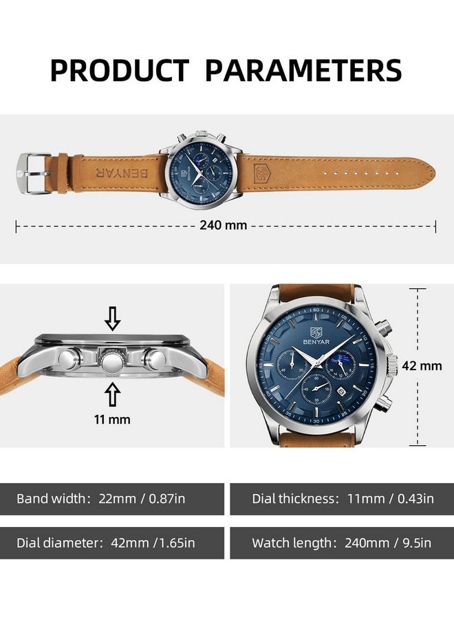 Sapphero - Sapphero Watches for Men Quartz Chronograph 10ATM Waterproof Brown Leather Men's Minimalist Slim Fashion Watch Gifts for Men - Image 1