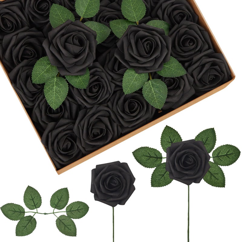 InnoGear Artificial Flowers 50 Pcs Black Foam Fake Roses Bulk with Stems for Decoration DIY Wedding Bouquets Centerpieces Bridal Shower Party Valentines Christmas Tree