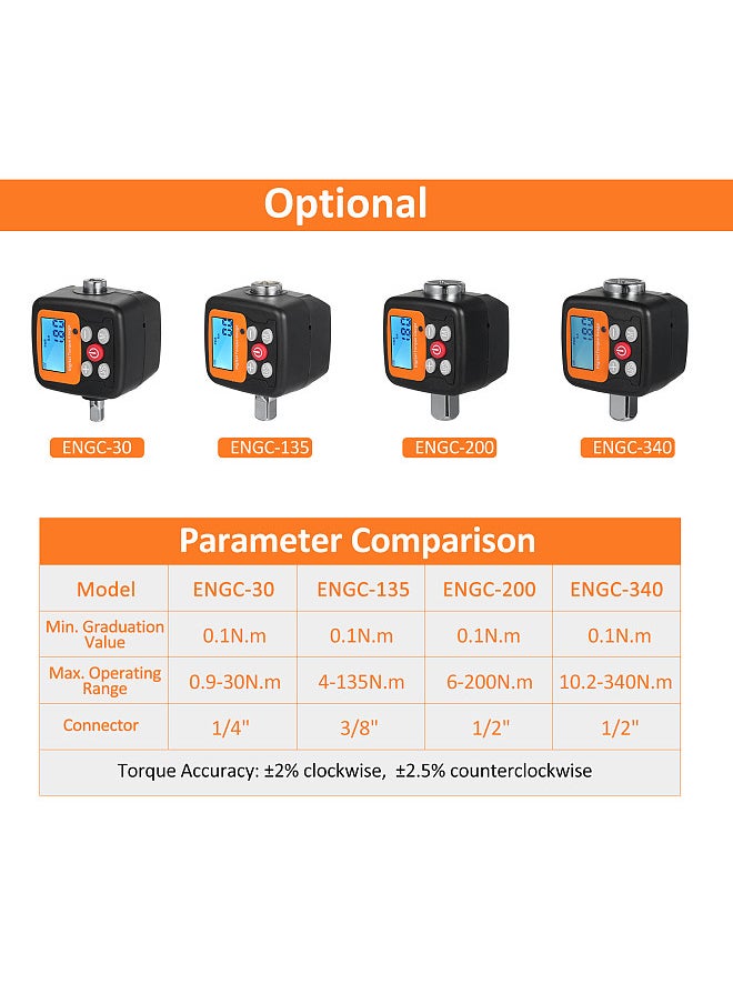 Generic ENGC-200 Digital Display Torque Meter 1/2'' to 1/4'' 1/2'' to 3/8'' Adapters High Accuracy 4 Torque Units Backlit Display Perfect for Automotive Bike Bicycle Motorcycle DIY & Home Repairs  - Image 4