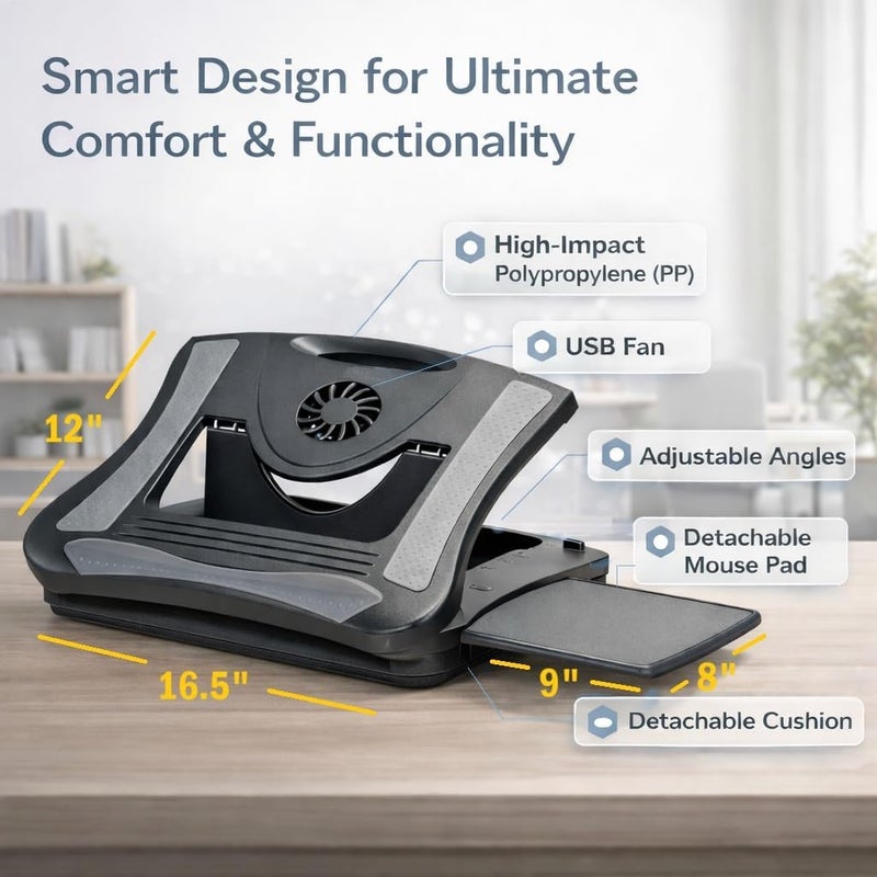 MAX SMART Ergonomic Laptop Desk Riser Stand with Cooling Fan and Adjustable Angles for 12" - 17" Devices - Image 2