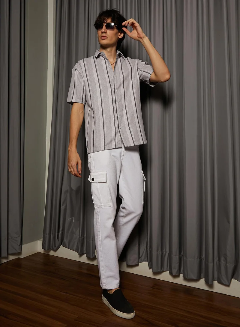CAHOOT  Men's Ash Grey Unbalanced Striped Shirt for Men | Best Price UAE