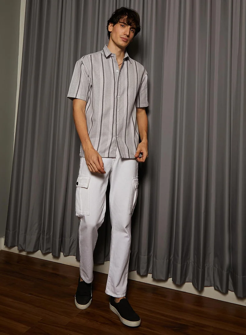 CAHOOT  Men's Ash Grey Unbalanced Striped Shirt for Men | Best Price UAE