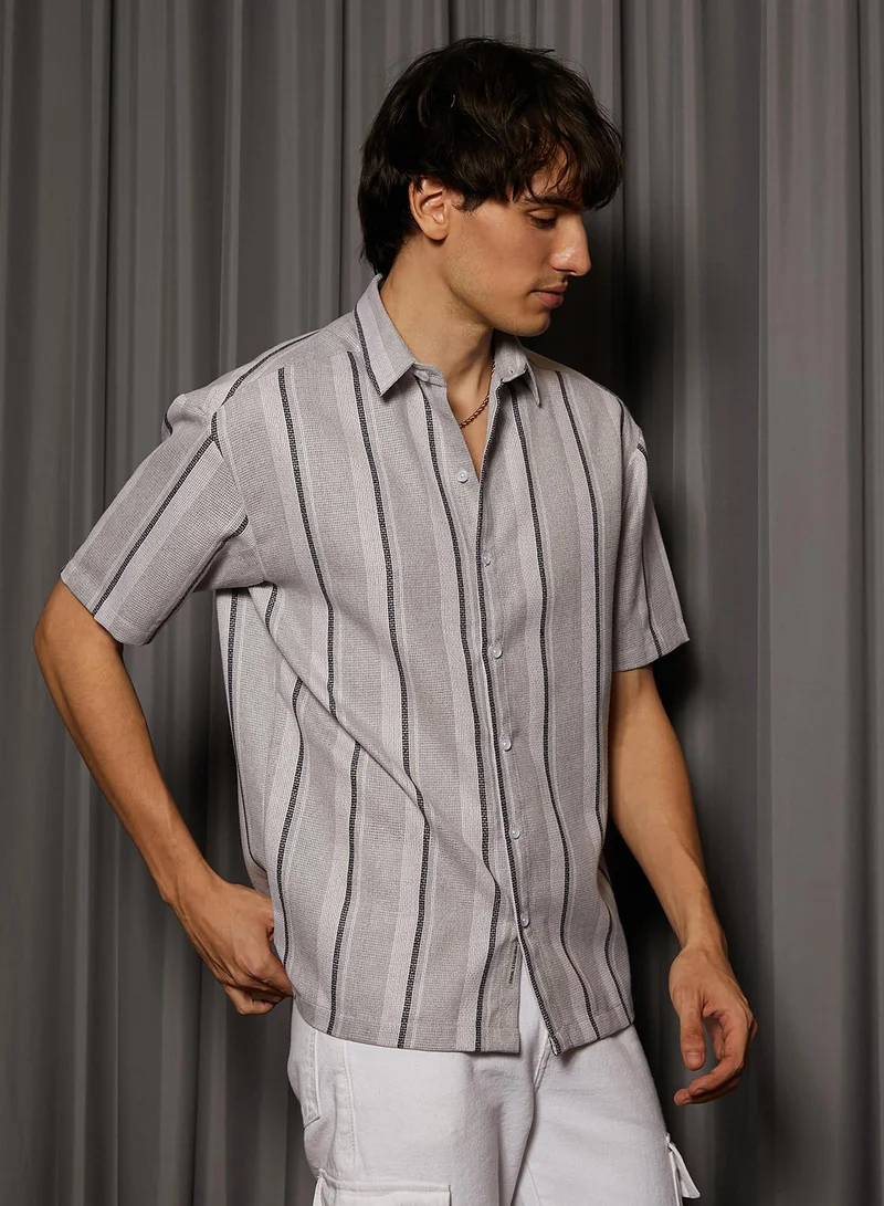 CAHOOT  Men's Ash Grey Unbalanced Striped Shirt for Men | Best Price UAE