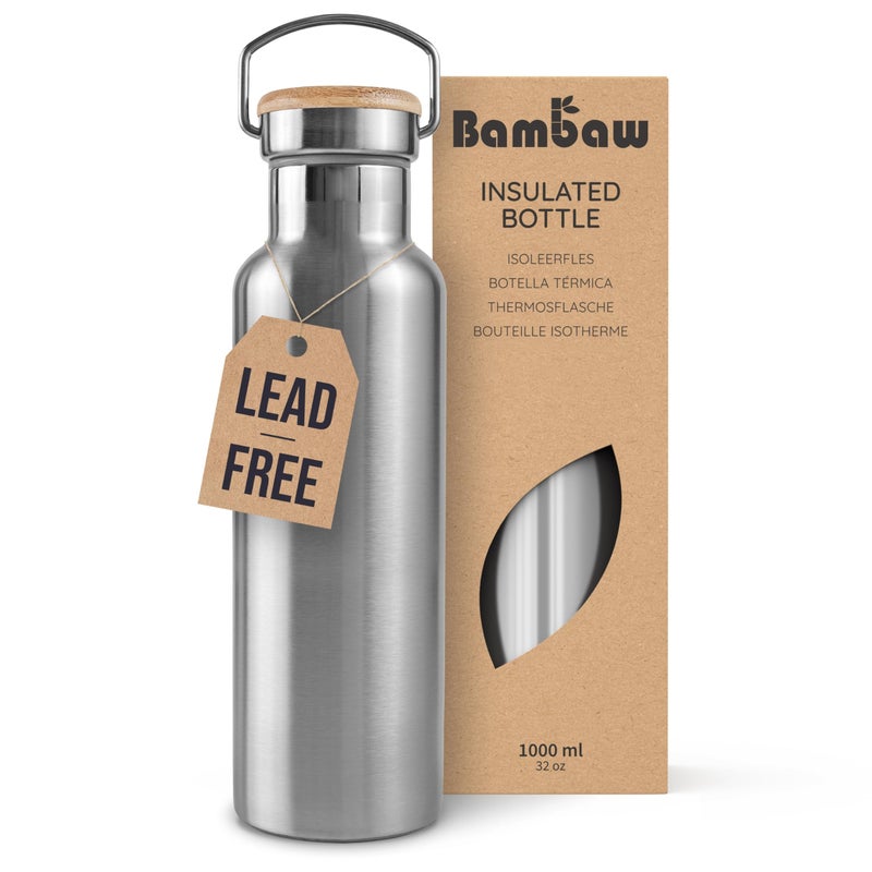 Bambaw 32 oz Water Bottle  Insulated Water Bottles  Water Bottle Stainless Steel  Insulated Travel Water Bottle  Insulated Water Bottle  Stainless Steel Water Bottles  1 Liter Water Bottles