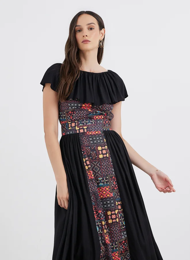 Maxim Creation Maxim Creation Centre Panel Print Bardot Neck Midi Dress