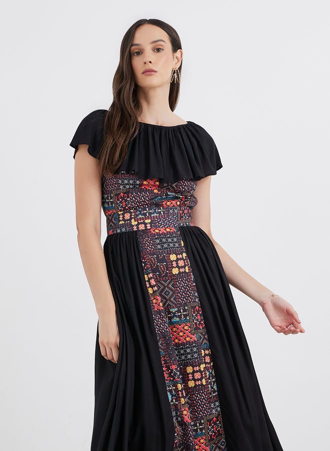 Maxim Creation Centre Panel Print Bardot Neck Midi Dress - Image 2