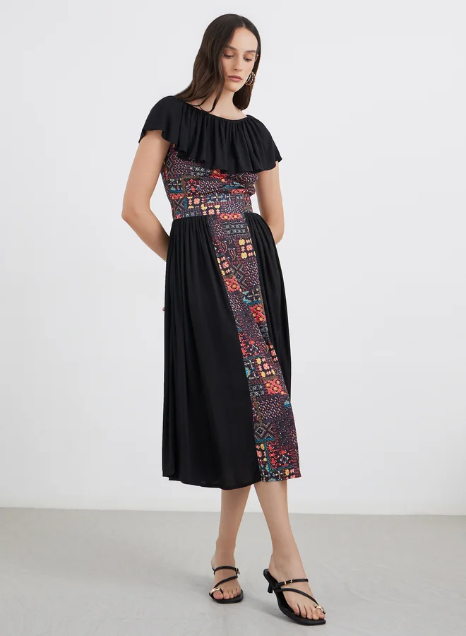 Maxim Creation Maxim Creation Centre Panel Print Bardot Neck Midi Dress