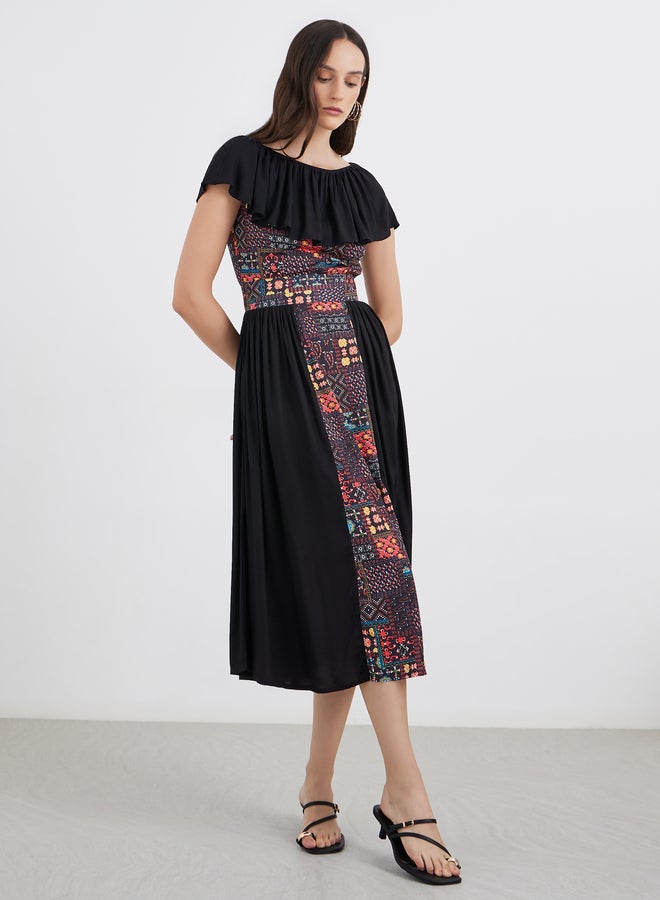 Maxim Creation Centre Panel Print Bardot Neck Midi Dress - Image 3