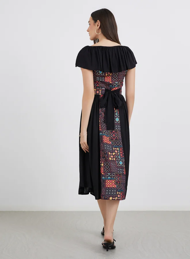 Maxim Creation Maxim Creation Centre Panel Print Bardot Neck Midi Dress