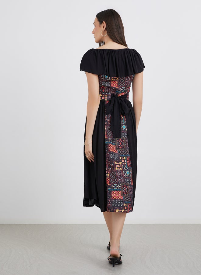 Maxim Creation Centre Panel Print Bardot Neck Midi Dress - Image 5
