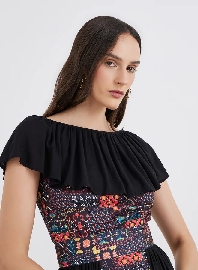 Maxim Creation Maxim Creation Centre Panel Print Bardot Neck Midi Dress