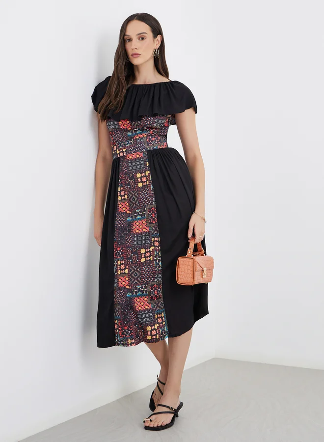 Maxim Creation Maxim Creation Centre Panel Print Bardot Neck Midi Dress