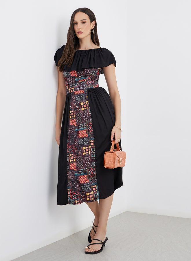 Maxim Creation Centre Panel Print Bardot Neck Midi Dress - Image 1