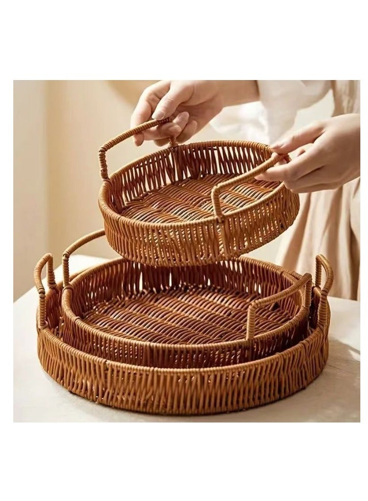 الواحة-TH 3 قطع صينية تقديم من الخيزران مع مقابض، صينية من الخيزران المنسوج، سلة دائرية من الخيزران، طاولة قهوة، صينية تنظيم ديكور منزلي للمشروبات والوجبات الخفيفة والإفطار والعشاء والحفلات المطبخ المنزلي - Image 1