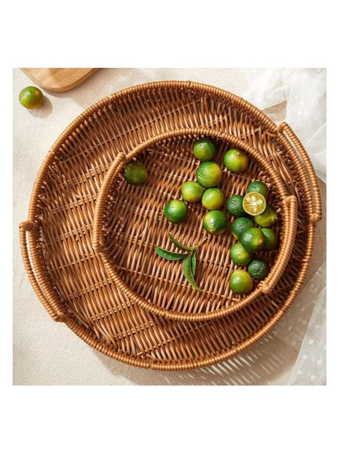الواحة-TH 3 قطع صينية تقديم من الخيزران مع مقابض، صينية من الخيزران المنسوج، سلة دائرية من الخيزران، طاولة قهوة، صينية تنظيم ديكور منزلي للمشروبات والوجبات الخفيفة والإفطار والعشاء والحفلات المطبخ المنزلي - Image 2