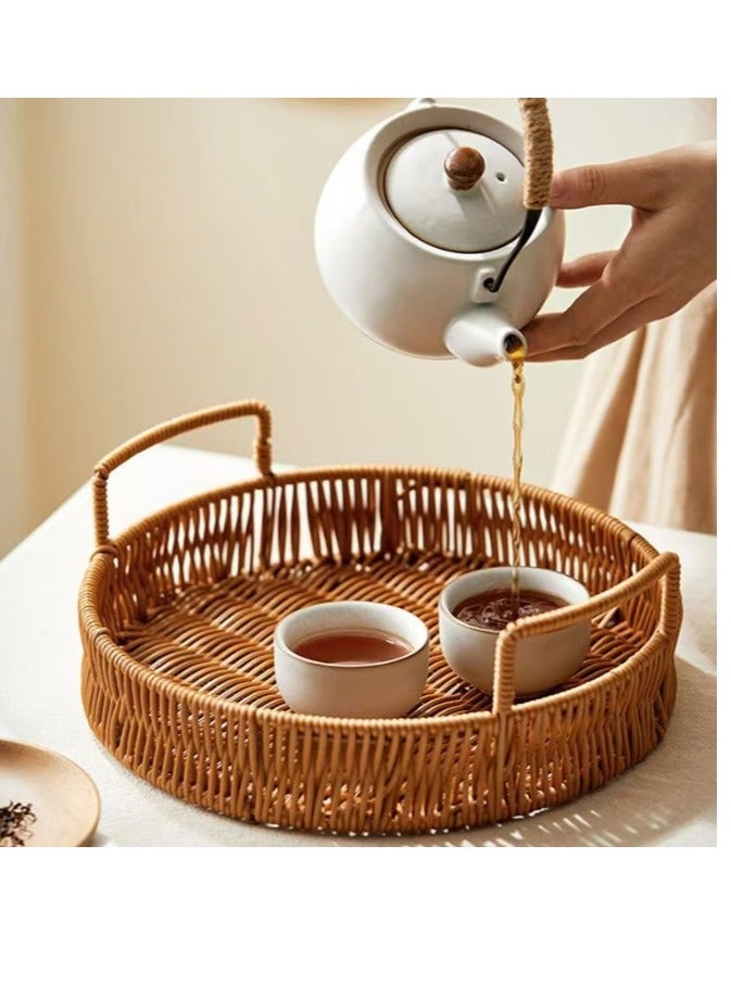 الواحة-TH 3 قطع صينية تقديم من الخيزران مع مقابض، صينية من الخيزران المنسوج، سلة دائرية من الخيزران، طاولة قهوة، صينية تنظيم ديكور منزلي للمشروبات والوجبات الخفيفة والإفطار والعشاء والحفلات المطبخ المنزلي - Image 3