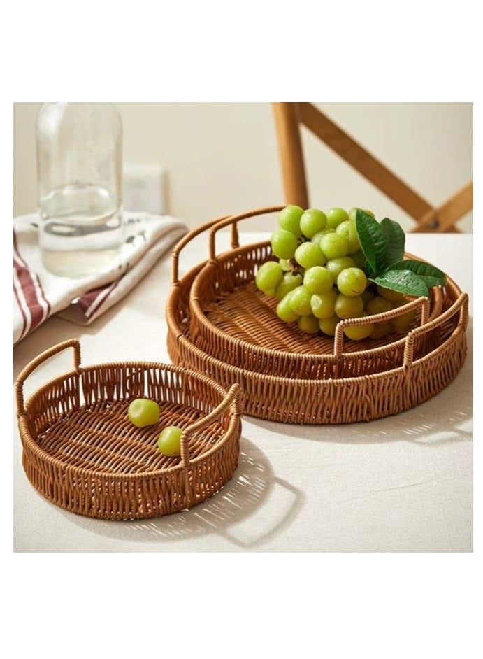 الواحة-TH 3 قطع صينية تقديم من الخيزران مع مقابض، صينية من الخيزران المنسوج، سلة دائرية من الخيزران، طاولة قهوة، صينية تنظيم ديكور منزلي للمشروبات والوجبات الخفيفة والإفطار والعشاء والحفلات المطبخ المنزلي - Image 4