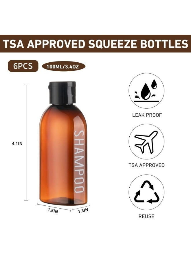 YALONG Travel Bottles Set,  6 Pack Toiletries Accessories 3.4oz, 100 ml, TSA Approved Lotion Bottles Travel Size, Leakproof, Squeeze Bottles with Flip Cap Refillable Squeeze Bottles for Makeup, Shampoo, Lotion (Brown) - Image 2