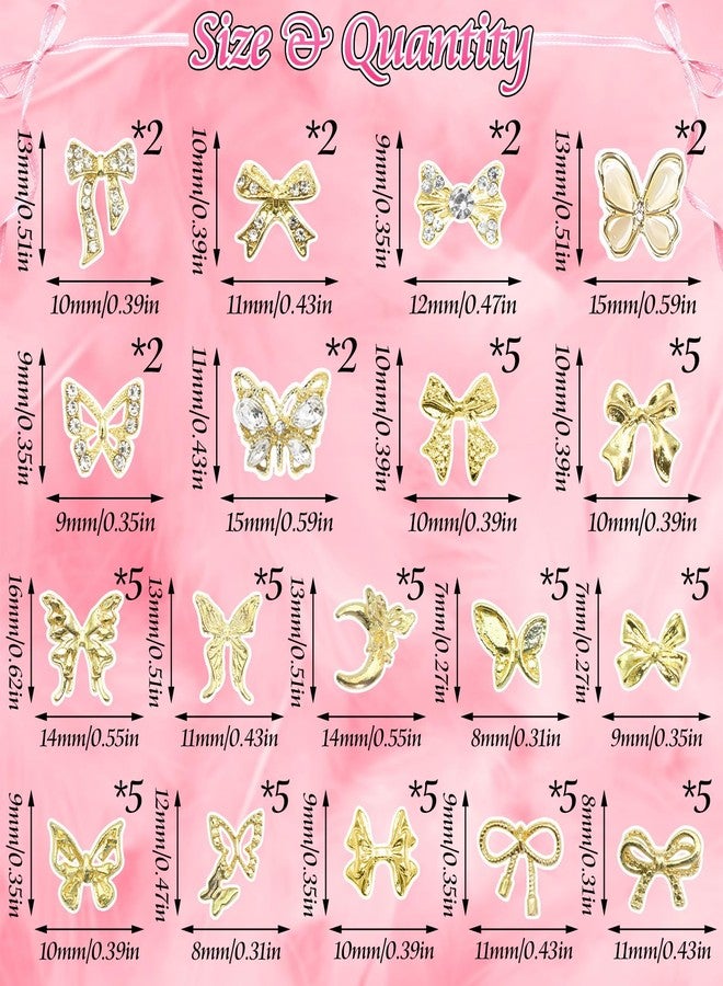 BELICEY 72Pcs Bow Nail Charms Gold 3D Butterfly Charms for Acrylic Nails Y2k Alloy Nails Rhinestones Shiny Jewelry Nail Decorations Accessories Supplies for Manicure DIY Design Crafts - Image 2