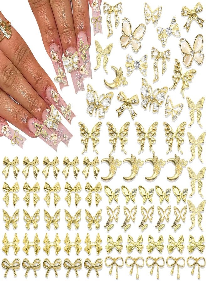 BELICEY 72Pcs Bow Nail Charms Gold 3D Butterfly Charms for Acrylic Nails Y2k Alloy Nails Rhinestones Shiny Jewelry Nail Decorations Accessories Supplies for Manicure DIY Design Crafts - Image 1