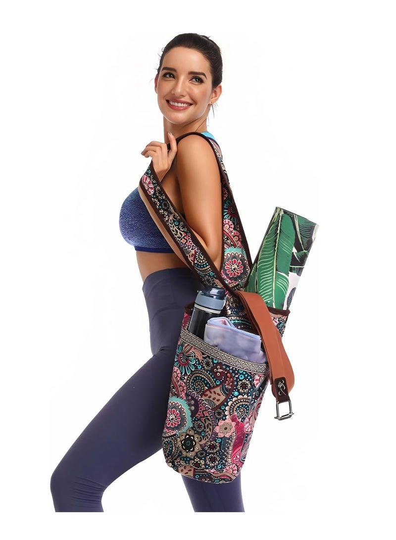 Generic Yoga Portable Bag Color (Green Cashew Flower) With Large Size Zipper Pocket, Holds More Accessories Fit Most Size Mats, Easy Access Lightweight Comfortable Shoulder Strap, Simple And Fashionable Style  - Image 1