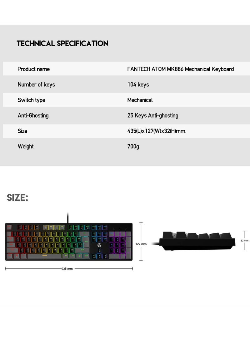 FANTECH - ATOM MK886 RGB Full Mechanical Gaming Keyboard – Red Switch - Double Injection Keycaps - Image 1