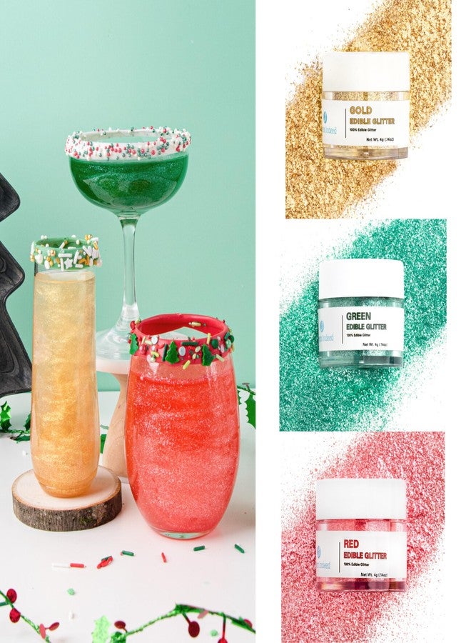 Sweets Indeed Christmas Edible Glitter, 3 Pack, Red Green and Gold, Perfect for Drinks, Cocktails, Beverages & Cake Decorating, Dessert Cake Topper, 4 grams - Image 1